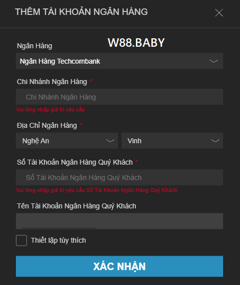 Thêm tài khoản ngân hàng rút tiền W88